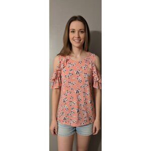 Juicy Couture Floral Cold Shoulder Top Small S Peach Coral Ruffle Sleeve